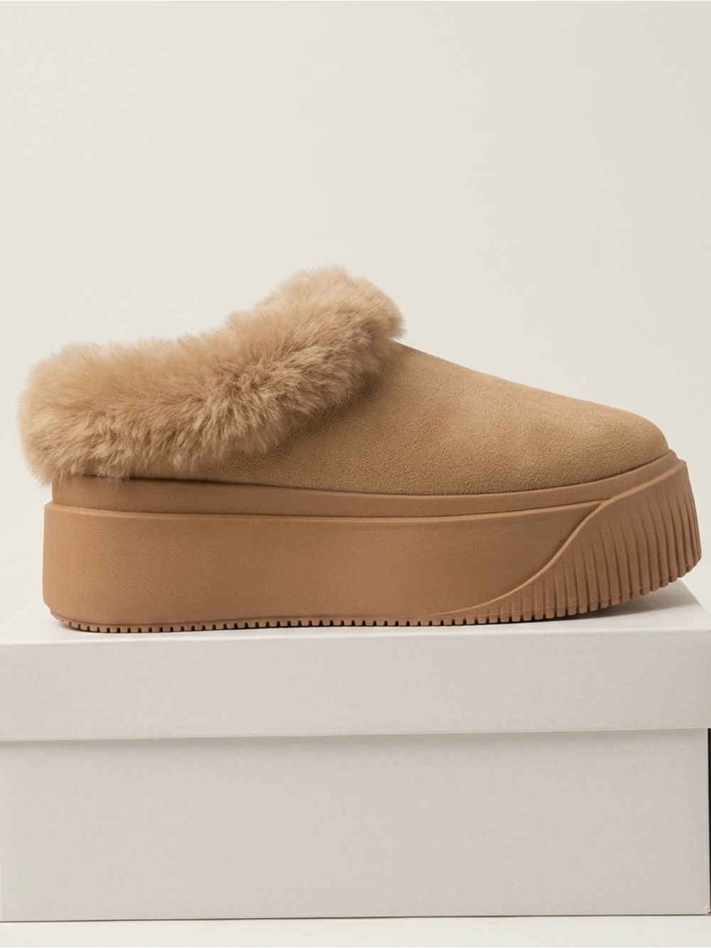 Cato Tan Faux-Suede Fur-Trim Platform Mule